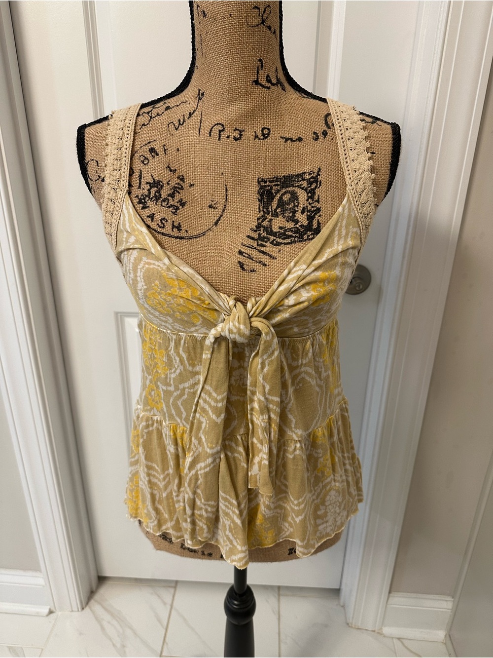 Free People Yellow Floral Tie-Front Tank with Crochet Straps